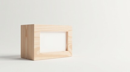 A simple, blank, light-colored wood picture frame sits on a white surface, ready for a photograph or artwork.