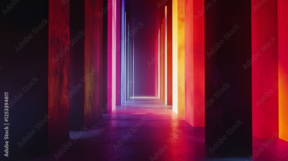 Poster abstract corridor with colorful pillars and illuminated floor, creating futuristic perspective