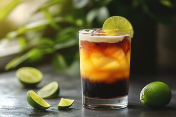A transparent glass holds a vibrant dirty soda layered with cream and topped with a fresh lime wedge. Scattered lime slices and natural lighting highlight the drink's textures and colors