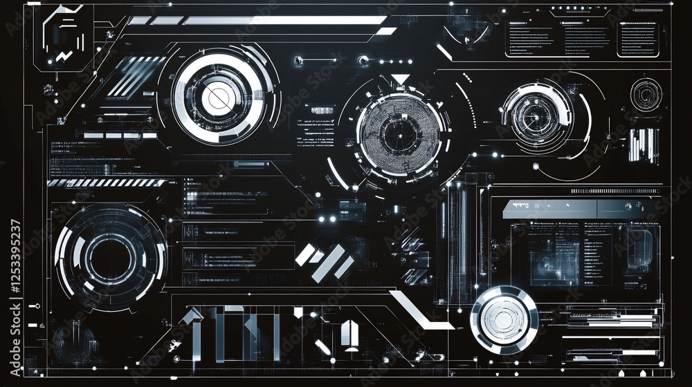Poster futuristic interface design with white geometric shapes and circular patterns on black background