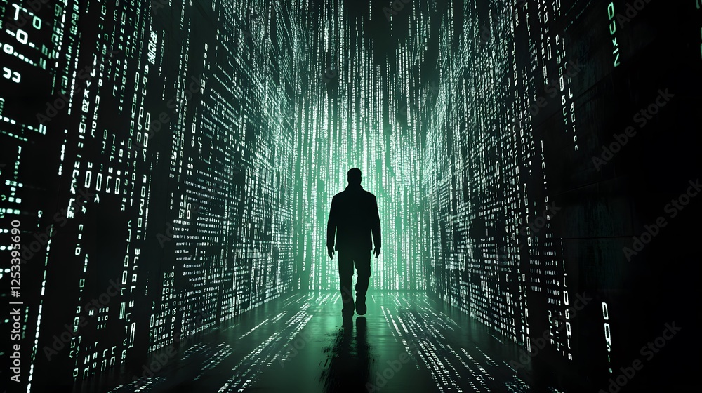 Poster mysterious figure walking through digital matrix code in futuristic cyber environment