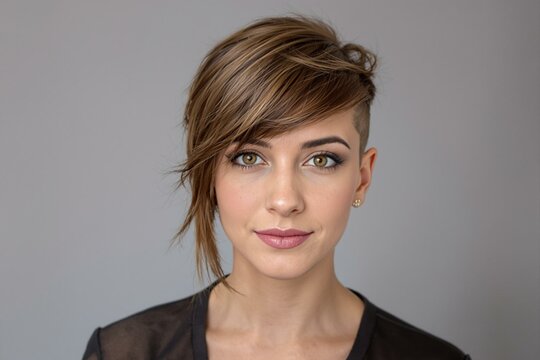 Stylish Woman with Brown Sidecut Hairstyle - Captivating Portrait