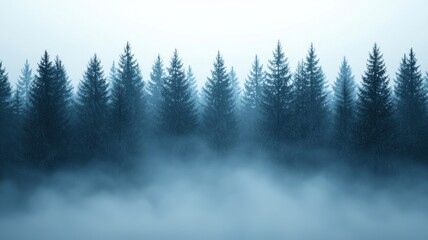 Meteorological phenomena concept. Misty forest with tall evergreen trees in a serene, foggy atmosphere.