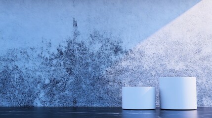 Serene Blue Cylinders Resting on Dark Surface Soft Light Illuminates Textured Wall. AI Generated