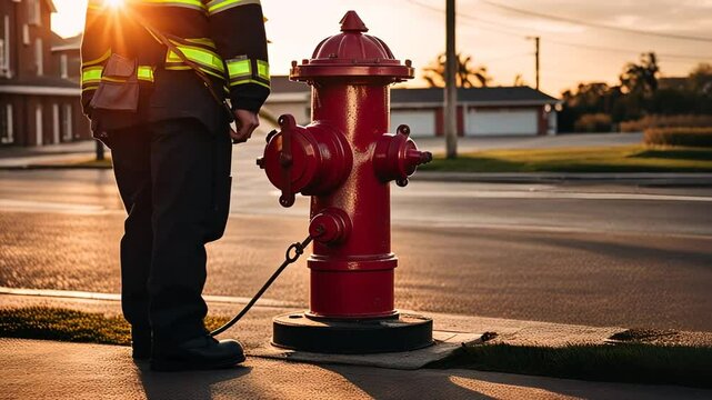 Firefighter next to a water hydrant.
