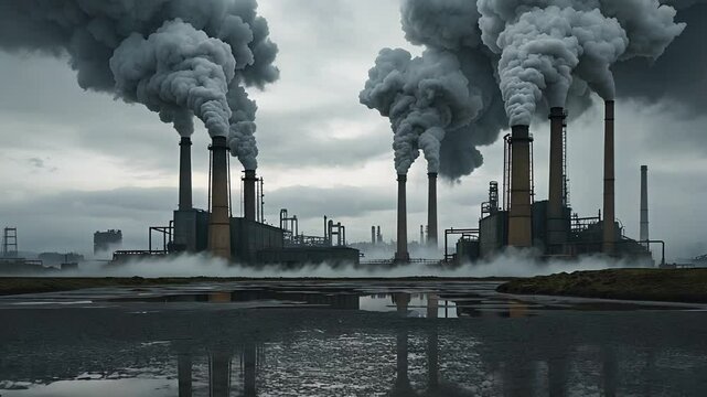 Large Industrial Factory Emitting Thick Smoke from Multiple Chimneys Under a Cloudy Sky with Reflections in Water


