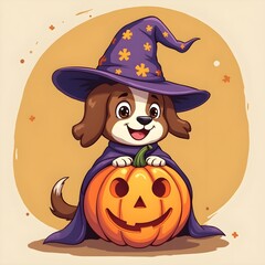 Cute Wizard Dog Bring Pumpkin Halloween Cartoon Vector Icon Illustration. Animal