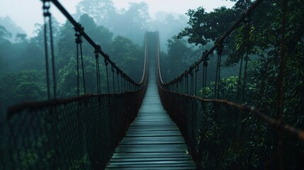 Fototapeta premium Misty Rainforest Suspension Bridge, Tropical Canopy Walkway