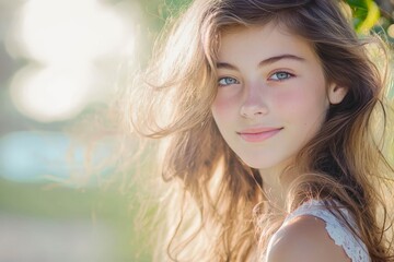 Naklejka premium Beautiful girl thinking and smiling on white.