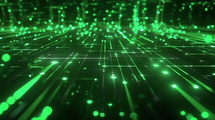 Obraz premium Abstract background of glowing green particles and lines. Futuristic technology or digital concept.