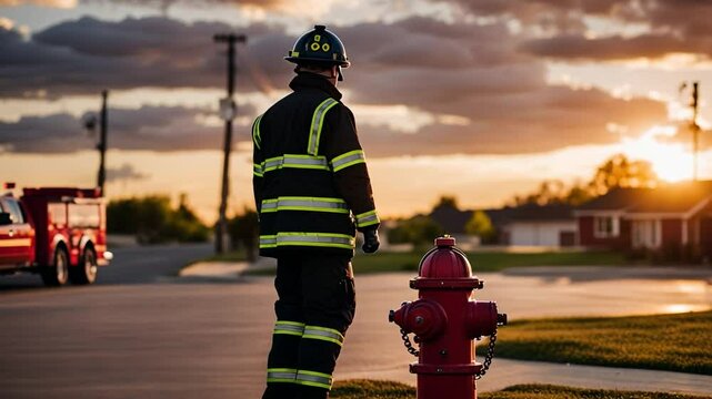 Firefighter next to a water hydrant.