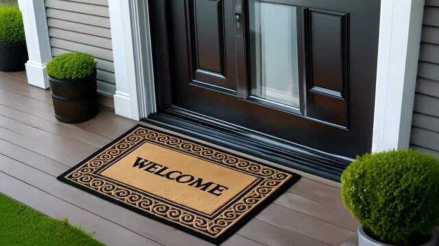 Carpet with the word welcome.