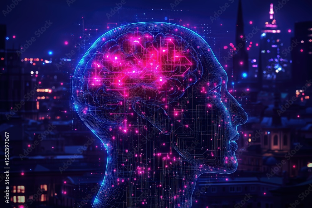 Poster artificial intelligence mind with glowing brain circuits. neural network powering urban technology, 