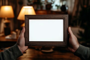 Empty frame mockup held by hands in cozy indoor setting, showcasing a blank canvas ready for personalization or creative design