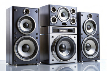 Fototapeta premium Stereo System: Powerful home stereo system with two large speakers and a central unit, showcasing high-quality audio equipment with a sleek, modern design. 