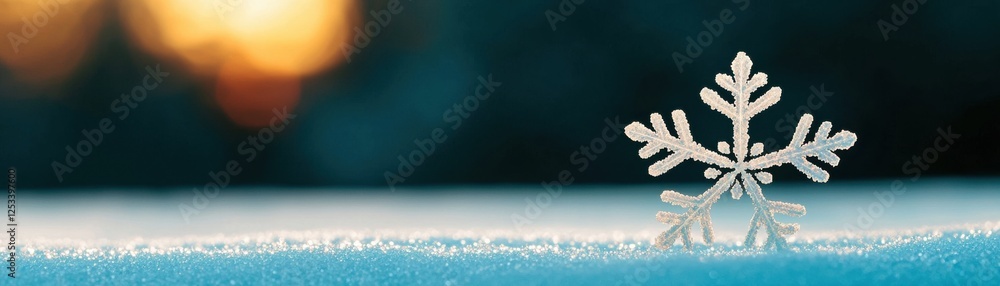 Poster meteorological phenomena concept. delicate snowflake resting on a snowy surface, illuminated by soft