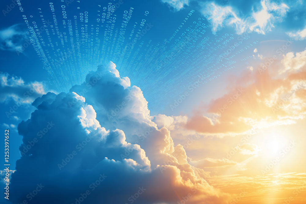 Poster digital cloud technology concept with binary code and sunlight. image showcases vibrant sky with clo