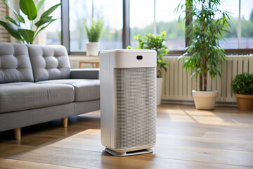 Modern Air Purifier in Living Room: A sleek, modern air purifier stands in a bright, airy living room, promising clean, fresh air for a healthy home environment.