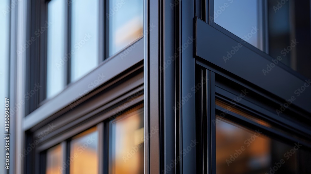 Poster close-up of a modern black aluminum window frame with reflections and sharp edges in a bright enviro