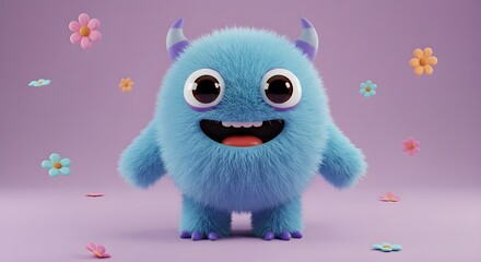 Fototapeta premium Lindo personaje de dibujos animados 3D de monstruo peludo azul 