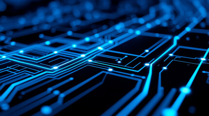 Abstract shot of a digital circuit board with glowing blue lines and nodes
