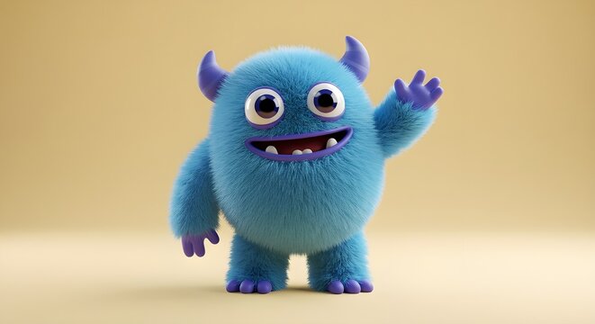 Lindo personaje de dibujos animados 3D de monstruo peludo azul
