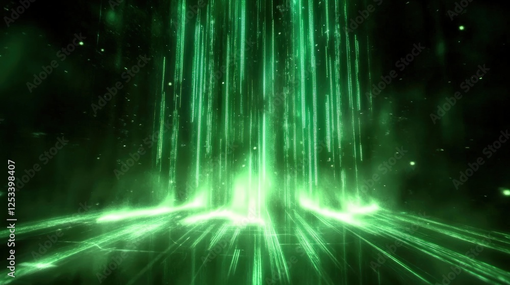 Poster enigmatic green light rays illuminating a dark background, creating an ethereal atmosphere resemblin
