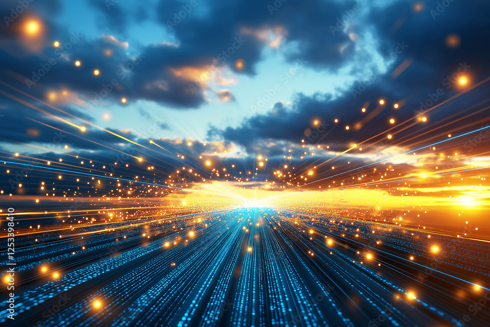 Poster digital data flowing in sky, representing cloud technology and connectivity. vibrant colors and dyna