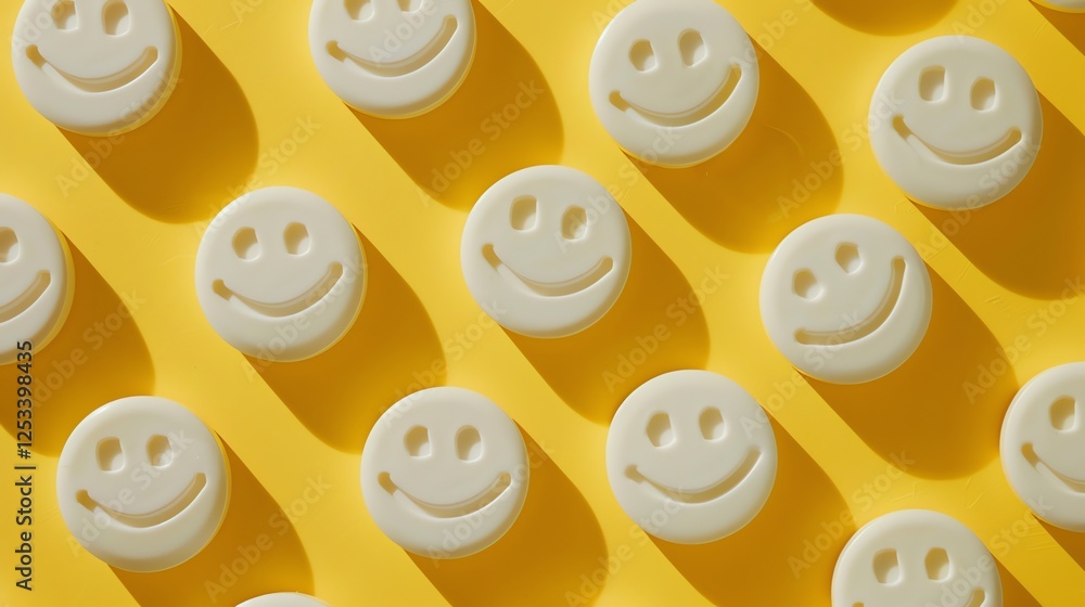 Poster 3d rendering of a repeating pattern of white happy face emojis on a yellow background. the emojis ar