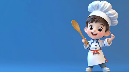 Naklejka premium A cartoon boy wearing a chef's hat and apron holding a wooden spoon. generated using AI