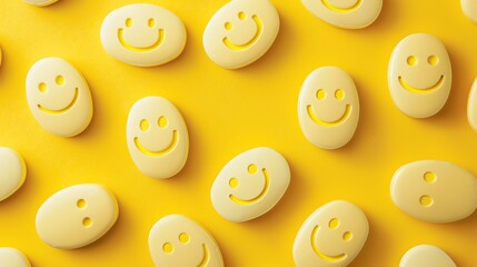 Fototapeta premium 3D rendering of a seamless pattern of yellow happy face pills on a yellow background.