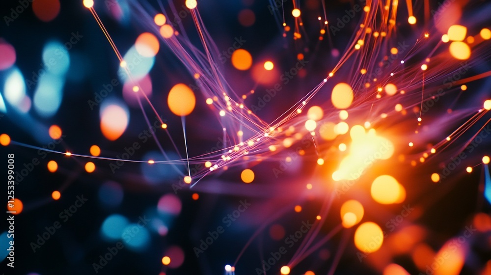 Poster abstract network with connected glowing points and light trails on dark background