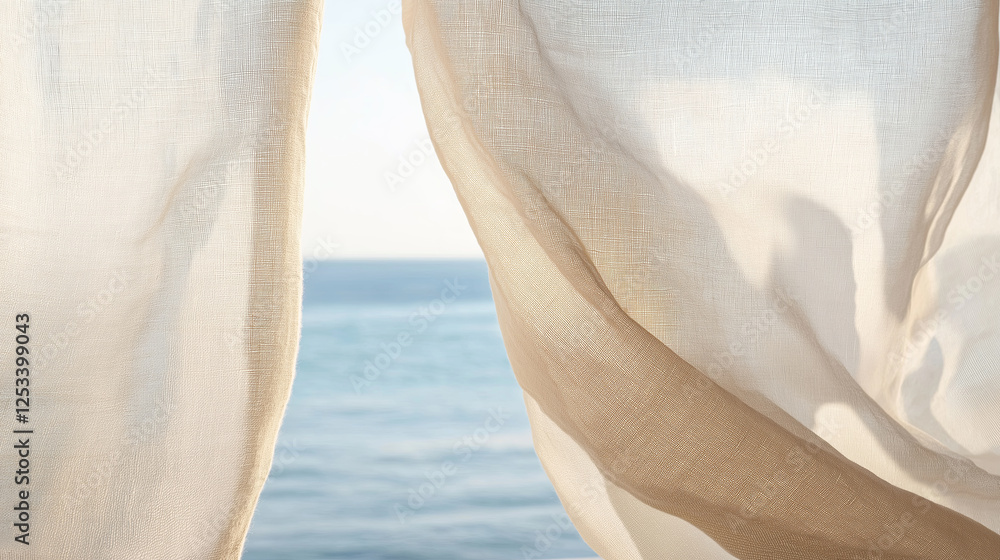 Poster a soft linen curtain blowing in the wind, revealing a view of the endless ocean beyond