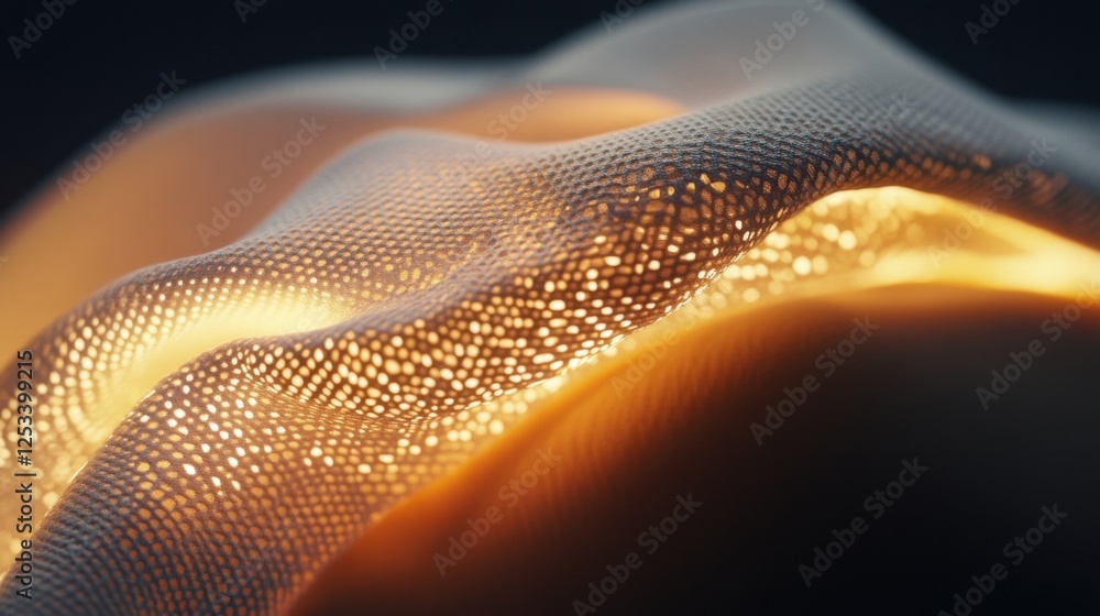 Aufkleber close up of a glowing, textured fabric with intricate patterns, highlighting advanced material scien