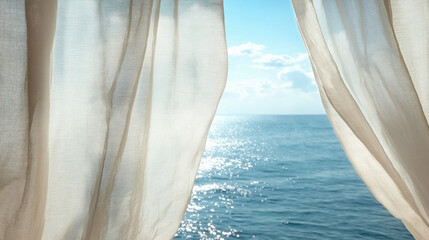 A soft linen curtain blowing in the wind, revealing a view of the endless ocean beyond