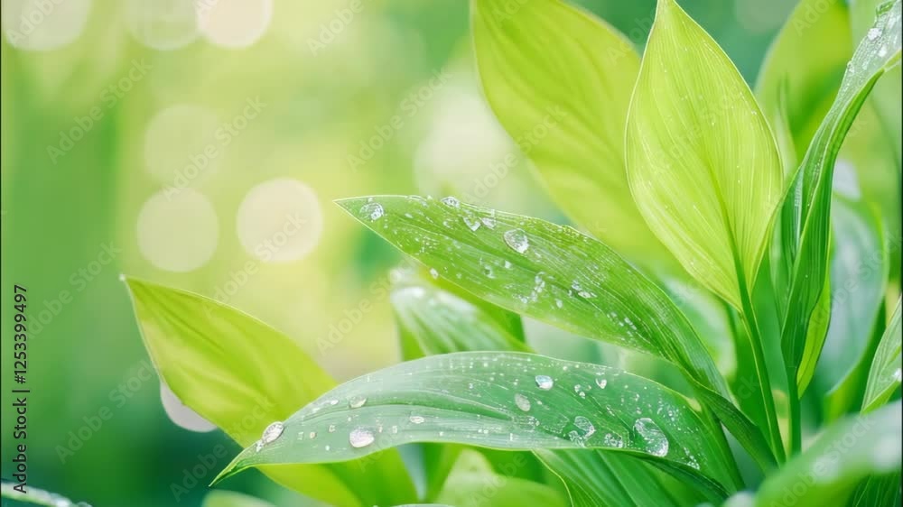 Poster spring branches glistening with dew in a tranquil garden setting