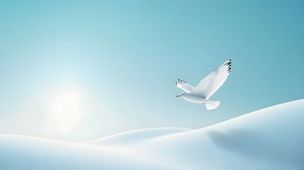 Seagull soars through bright blue sky with wings spread wide, creating minimalist composition with clean bright background and natural lighting in peaceful atmosphere.