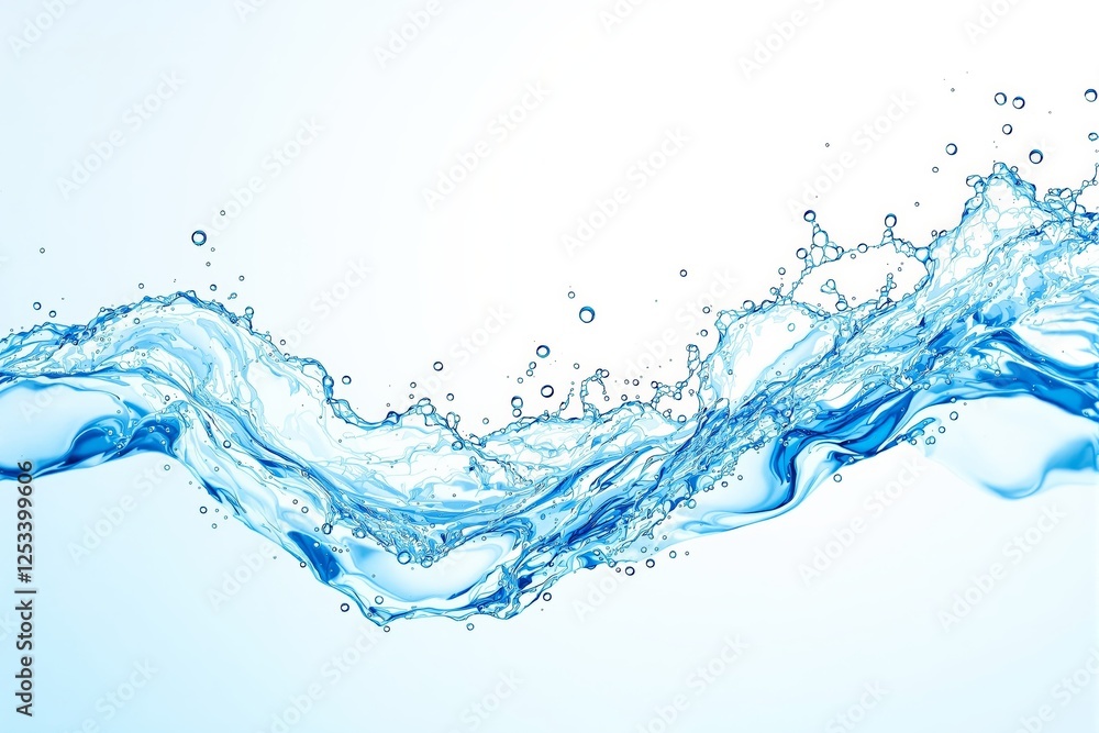 Poster abstract splash of blue water with bubbles in motion on a bright background.