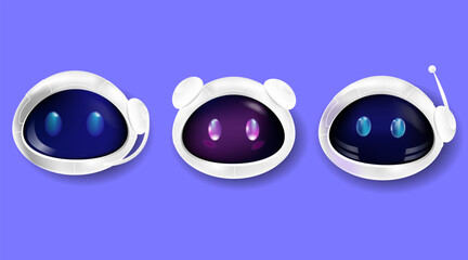 Set of futuristic robotic avatars featuring glossy black faces, glowing eyes, and white space helmets. Ideal for AI assistants, chatbots, technology icons, and sci fi designs.Vector illustration