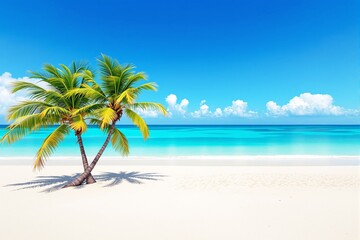 Fototapeta premium Tropical beach with vibrant palm trees and turquoise sea under a bright blue sky.