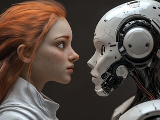 Human and robot facing each other closely.