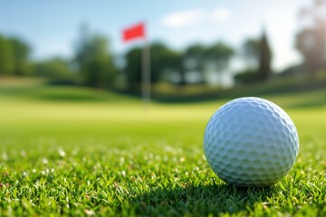 Obraz premium Golf ball on lush green grass with a blurred flag and trees in the background on a sunny day, evoking a peaceful outdoor atmosphere.