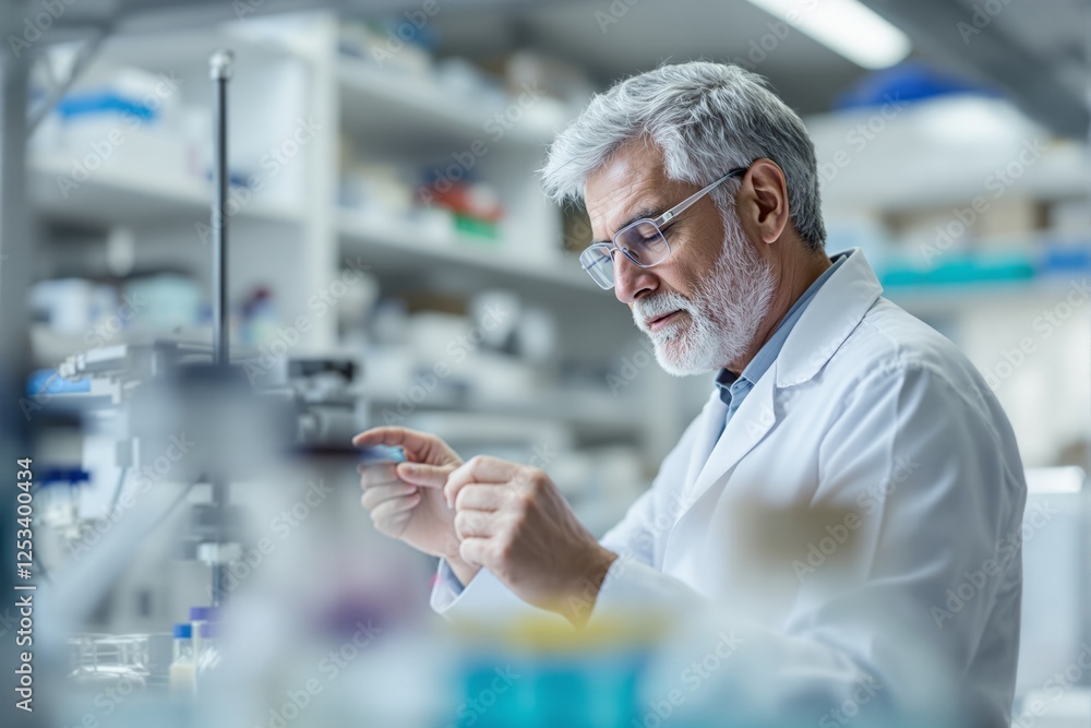 Poster Focused senior scientist in lab coat analyzing sample in laboratory.