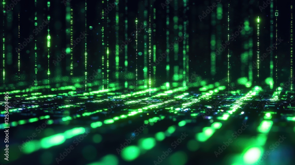 Poster dark background with ethereal green light rays flowing like an aurora, creating a mystical and enigm