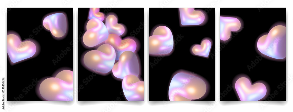 Poster iridescent 3d hearts with pearlescent glow floating on black background set. modern and futuristic r
