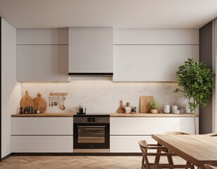 Modern Kitchen interior with empty blank wall for mockup template display. 3D Rendering