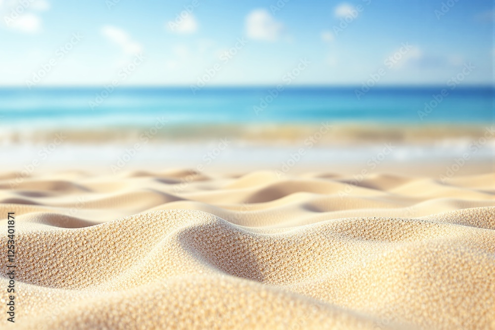 Poster close-up of sand dunes with a blurred ocean and sky in the background.