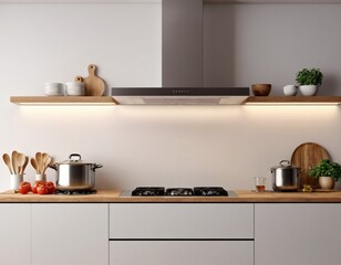Modern Kitchen interior with empty blank wall for mockup template display. 3D Rendering