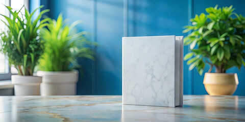 A marble notebook stands on a polished tabletop, illuminated by natural light. Lush green plants in elegant pots enhance the vibrant atmosphere of the room