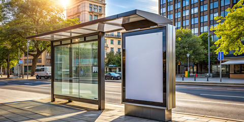 A well-designed bus stop sits along a city street bathed in sunlight. The area is quiet, with trees lining the sidewalk and modern buildings in the background